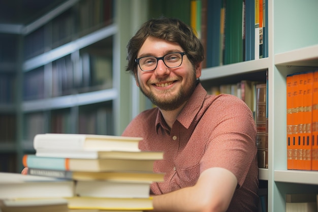 Um homem está sentado a uma mesa com livros à sua frente