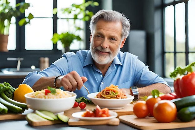 Um homem está sentado a uma mesa com tigelas de comida e vegetais.