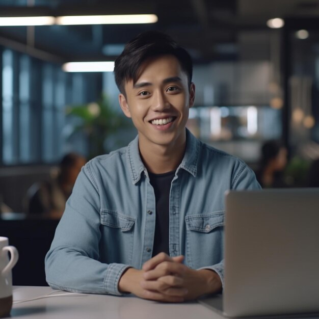 Um homem está sentado a uma mesa com um laptop à sua frente.