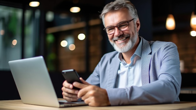 Um homem está sentado a uma mesa com um laptop e um telefone na mão.