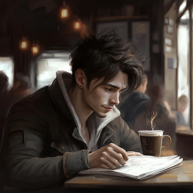 Um homem está sentado a uma mesa com um livro na mão e olha para uma xícara de café.