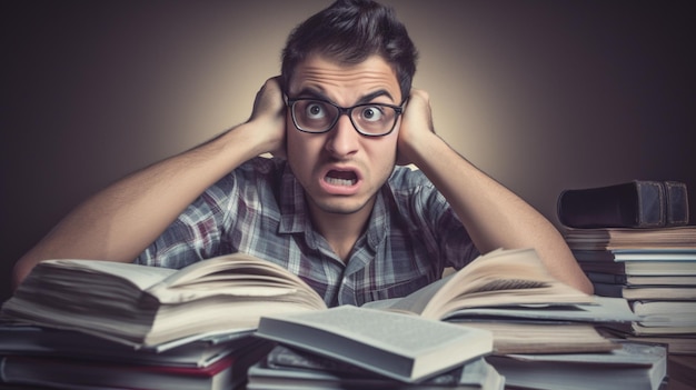 Um homem está sentado a uma mesa com uma pilha de livros e um livro na mão.