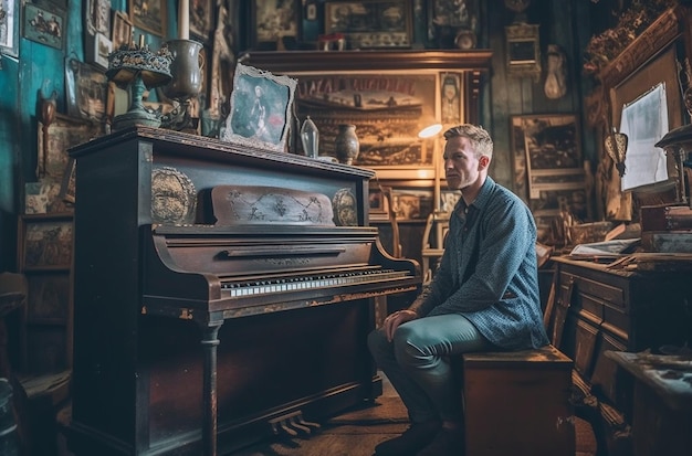 Um homem está sentado ao piano em uma sala escura com a foto de um homem ao piano.