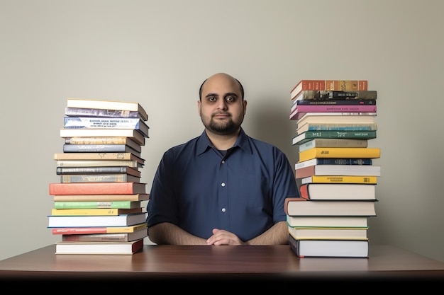 Um homem está sentado atrás de uma pilha de livros com um deles lendo o livro.