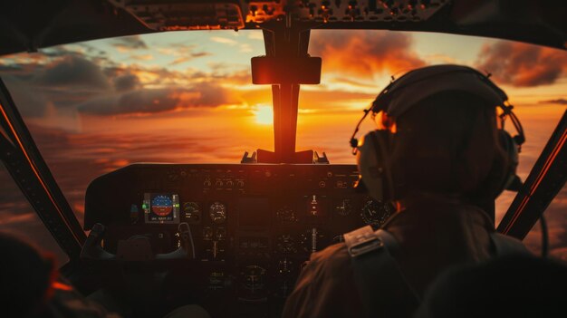 Foto um homem está sentado dentro da cabine de um avião enquanto o sol se põe ao fundo