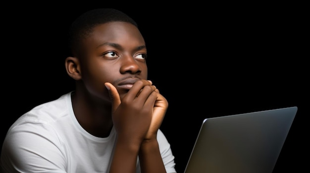 Um homem está sentado em frente a um laptop com a mão no queixo.