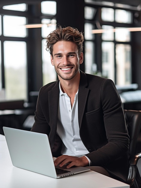 Um homem está sentado em frente a um laptop com um sorriso no rosto.