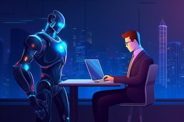 Um homem está sentado em frente a um robô e um robô com uma cidade ao fundo.