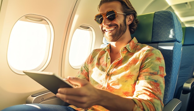 Um homem está sentado em um avião com um tablet na mão.