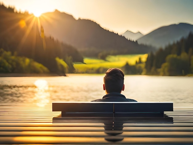 Um homem está sentado em um banco com vista para um lago e montanhas ao fundo.