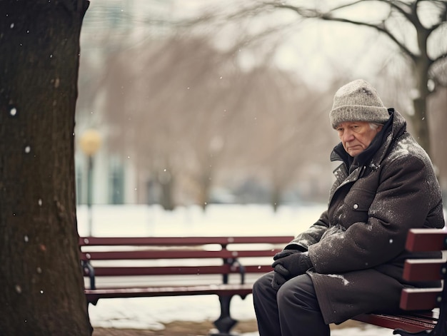 um homem está sentado em um banco na neve.