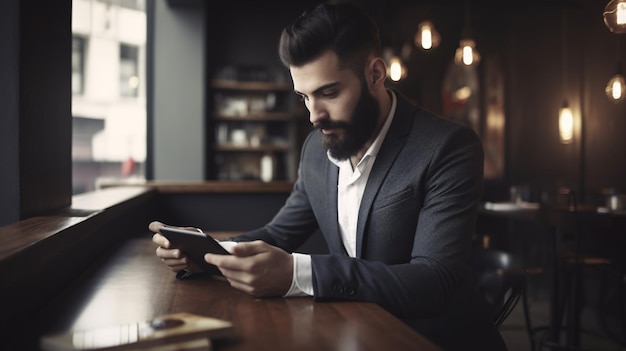 Um homem está sentado em um bar e olha para o telefone.