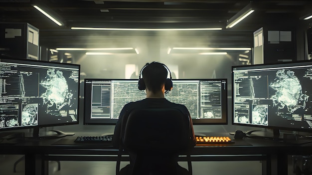 Um homem está sentado em um computador em uma sala escura com um conjunto de telas de computador mostrando o código do jogo.