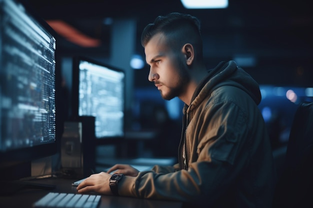 Um homem está sentado em um computador em uma sala escura, olhando para um monitor que diz segurança cibernética.