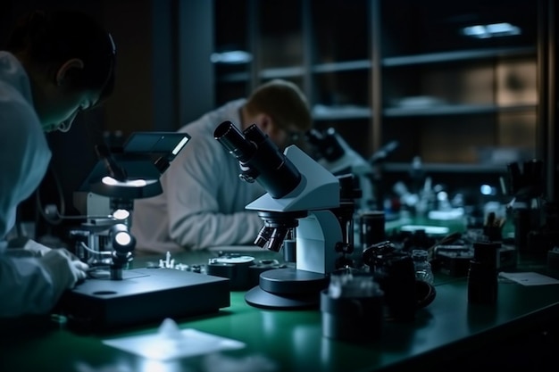 Um homem está sentado em um laboratório com um microscópio e um homem com um jaleco branco está sentado na frente dele.