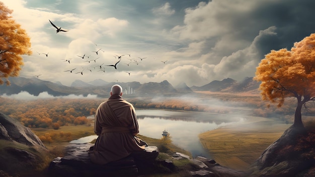 Um homem está sentado em um penhasco olhando para um lago com o céu ao fundo.