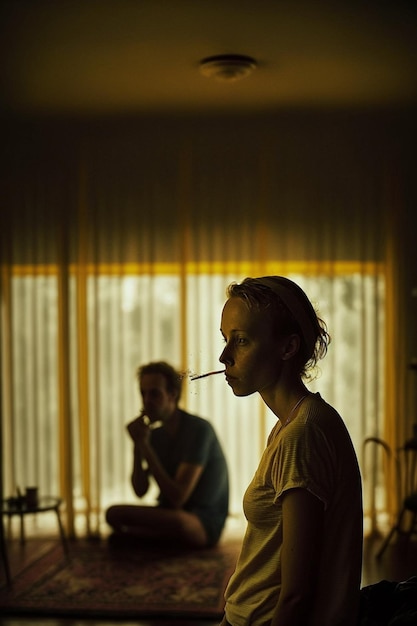 Um homem está sentado em um quarto escuro com uma mulher fumando um cigarro.