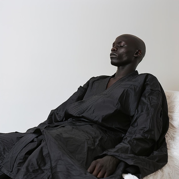 um homem está sentado em um sofá com uma camisa preta