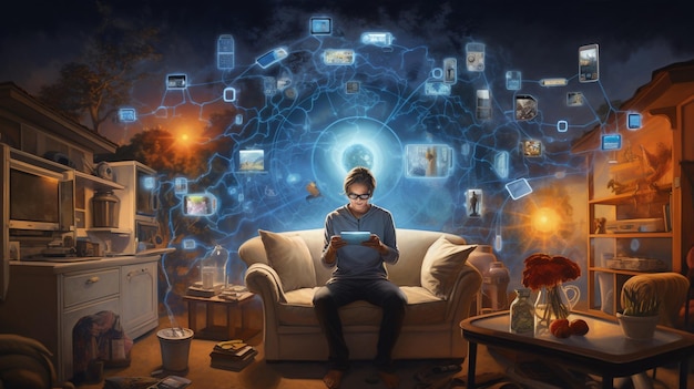 Um homem está sentado em um sofá em frente a uma parede de laptops e um tablet digital.