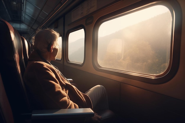 Um homem está sentado em um trem olhando pela janela de um trem.