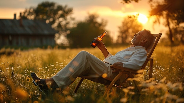 Foto um homem está sentado em uma cadeira de gramado bebendo uma cerveja e desfrutando do pôr do sol