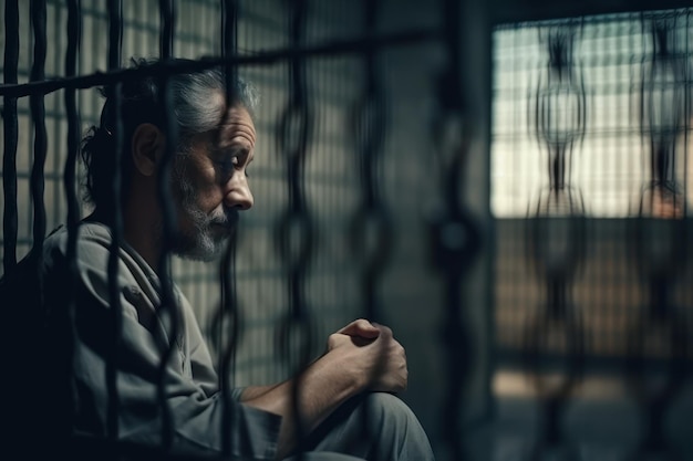 Um homem está sentado em uma cela de prisão, olhando para fora de uma gaiola.