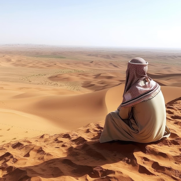 Um homem está sentado em uma duna no deserto, usando um turbante e um xale.