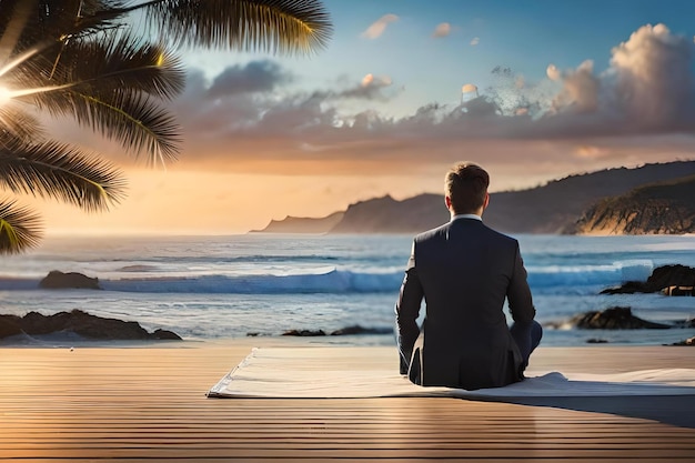 Um homem está sentado em uma esteira na praia, olhando para o oceano.