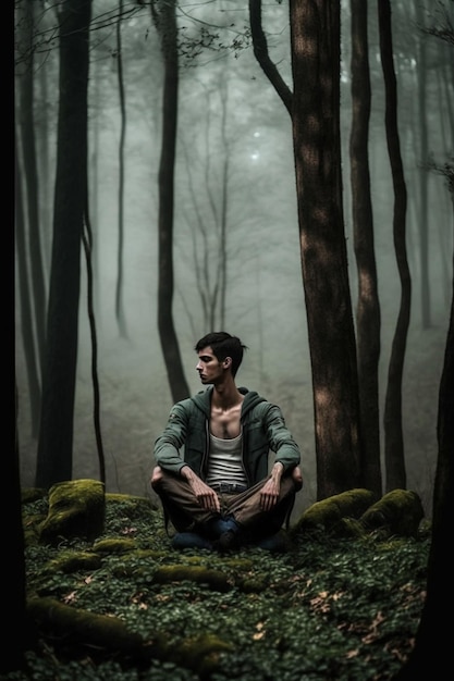 Um homem está sentado em uma floresta com uma camisa verde e uma camisa que diz 'a palavra floresta'