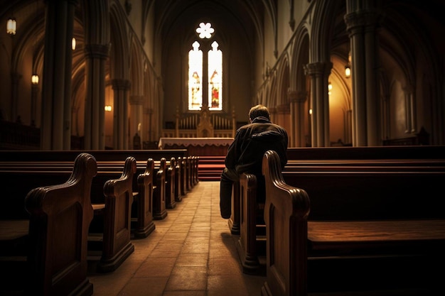 um homem está sentado em uma igreja com um vitral ao fundo.