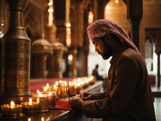 um homem está sentado em uma igreja com velas na frente dele