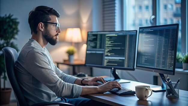 Foto um homem está sentado em uma mesa com dois monitores e uma caneca de café