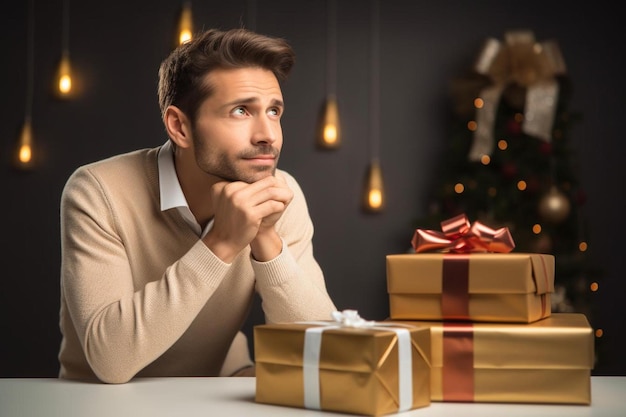 Um homem está sentado em uma mesa com presentes.