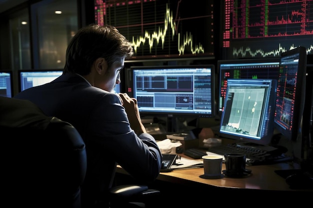 Um homem está sentado em uma mesa com um computador e um gráfico ao fundo.