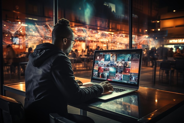 Um homem está sentado em uma mesa com um laptop aberto na frente dele