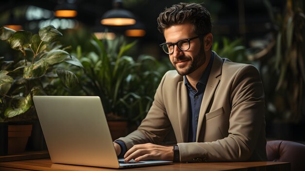 um homem está sentado em uma mesa com um laptop e a palavra "nele".