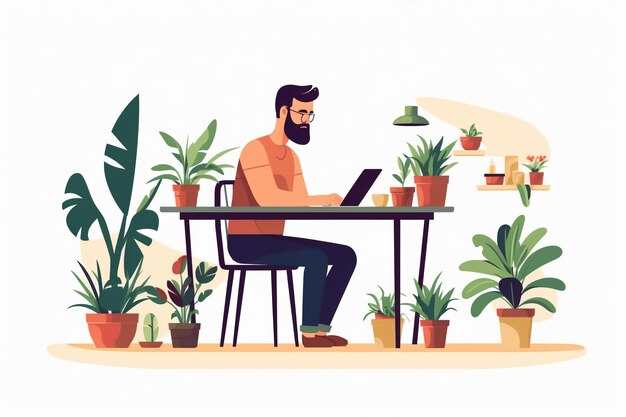 Um homem está sentado em uma mesa com um laptop e plantas sobre ele.