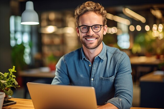 Um homem está sentado em uma mesa com um laptop e sorrindo.