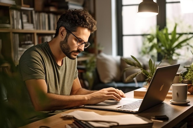 um homem está sentado em uma mesa com um laptop e um livro no colo.