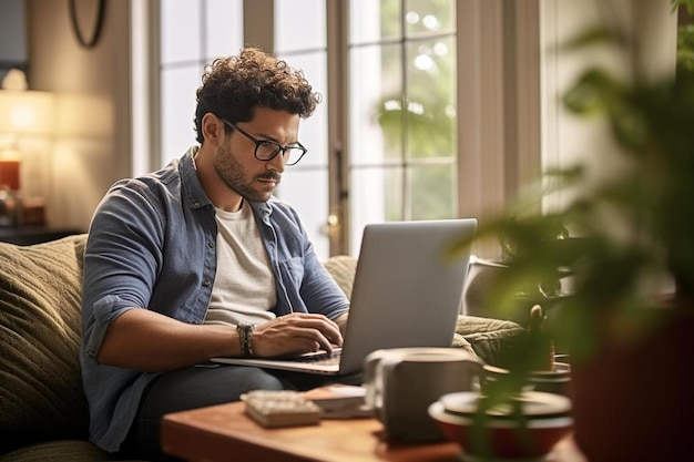 um homem está sentado em uma mesa com um laptop e um vaso de plantas ao fundo.