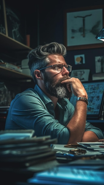 Um homem está sentado em uma mesa com um laptop e uma foto dele na parede atrás dele.