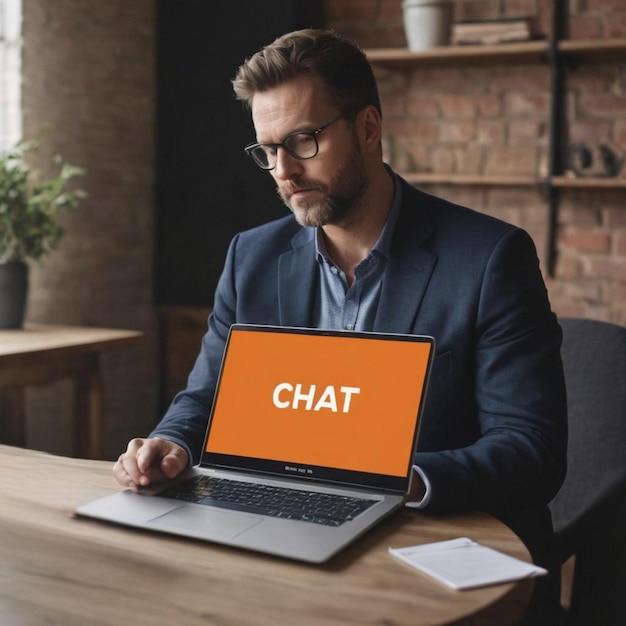 Foto um homem está sentado em uma mesa com um laptop e uma tela com ícones como a palavra chat