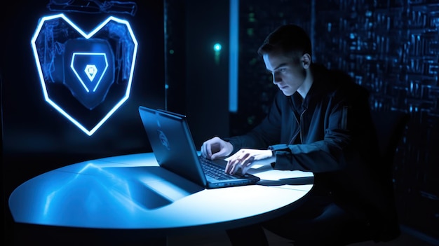 Foto um homem está sentado em uma mesa com um laptop em frente a uma placa azul que diz 'vá lá'