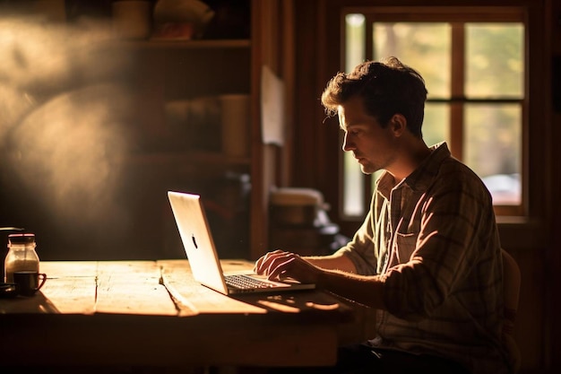 Um homem está sentado em uma mesa com um laptop no colo.