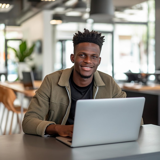 Um homem está sentado em uma mesa com um laptop.