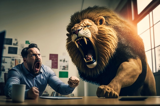 Foto um homem está sentado em uma mesa com um leão e um homem está gritando com ele.