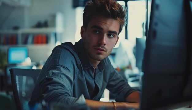 Um homem está sentado em uma mesa com um monitor de computador na frente dele