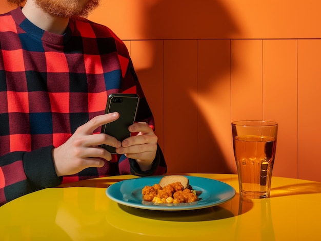 Foto um homem está sentado em uma mesa com um prato de comida e um copo de cerveja