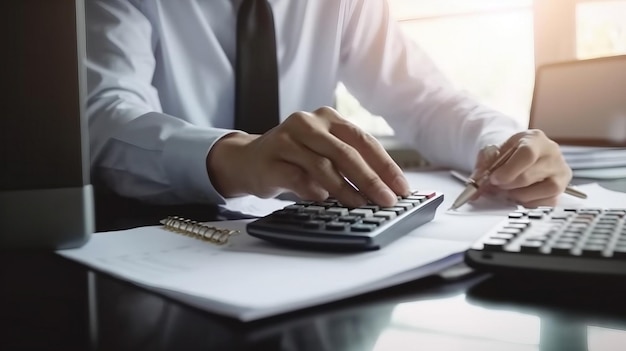 Um homem está sentado em uma mesa com uma calculadora e uma caneta.