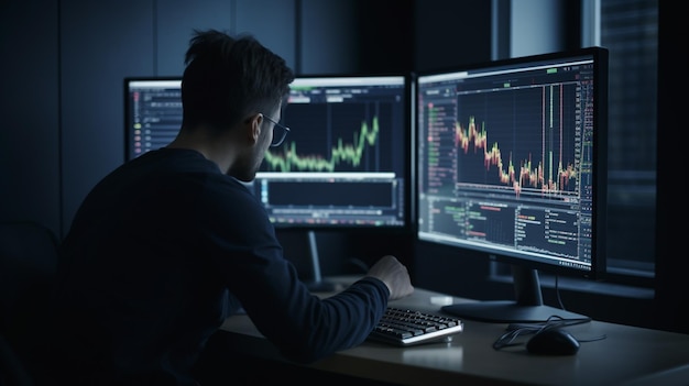 Um homem está sentado em uma mesa em frente a dois monitores de computador, um dos quais está rotulado como 'mercado de ações'
